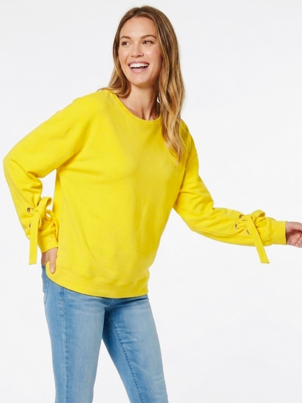 HALOGEN Bright Yellow Bow Sleeve Tie Sweatshirt Cotton Sweater Loose Fitting Top